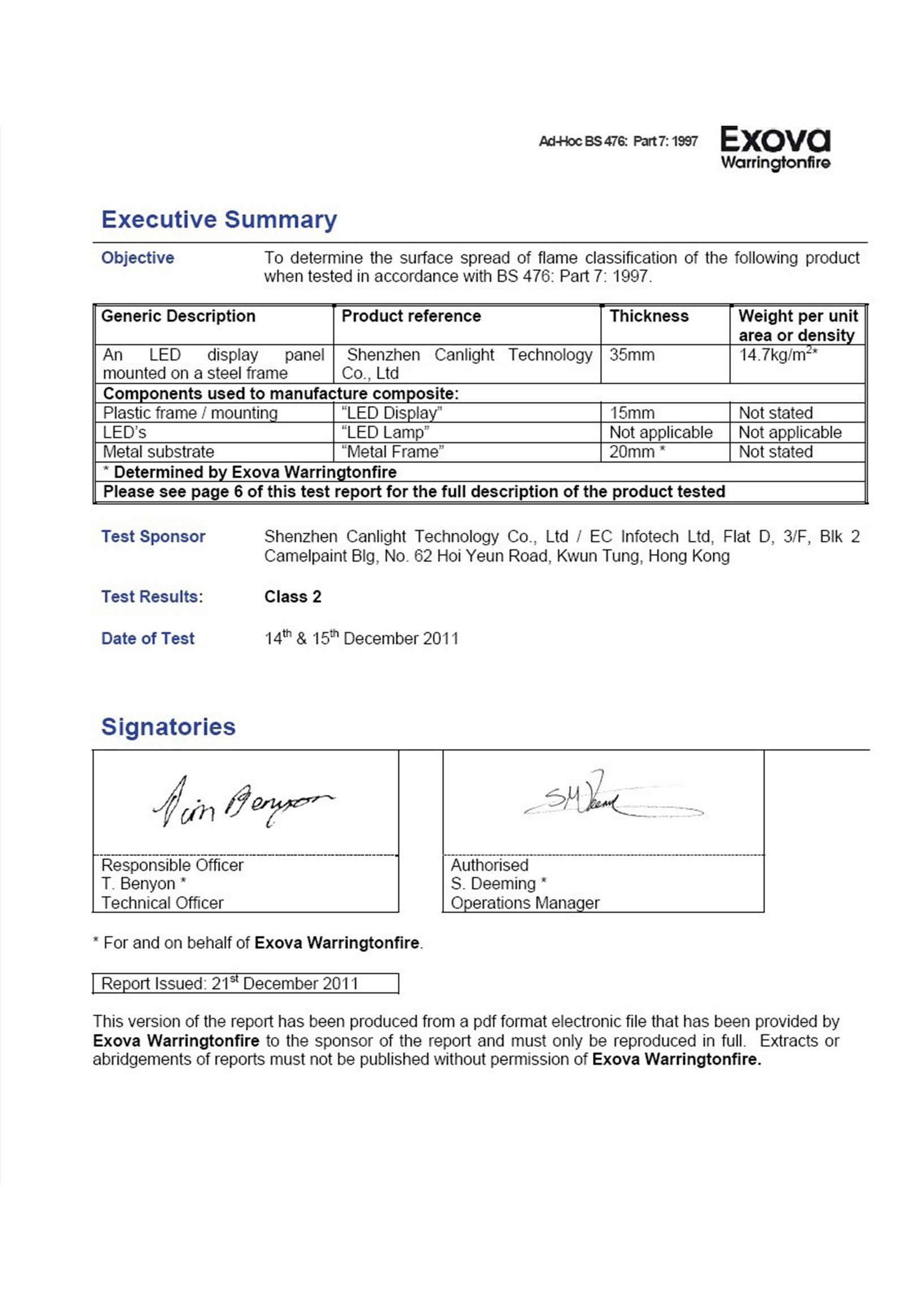 BS476 Fire Test Certification from Exova for CANLIGHT LED Display Screen Manufacturer