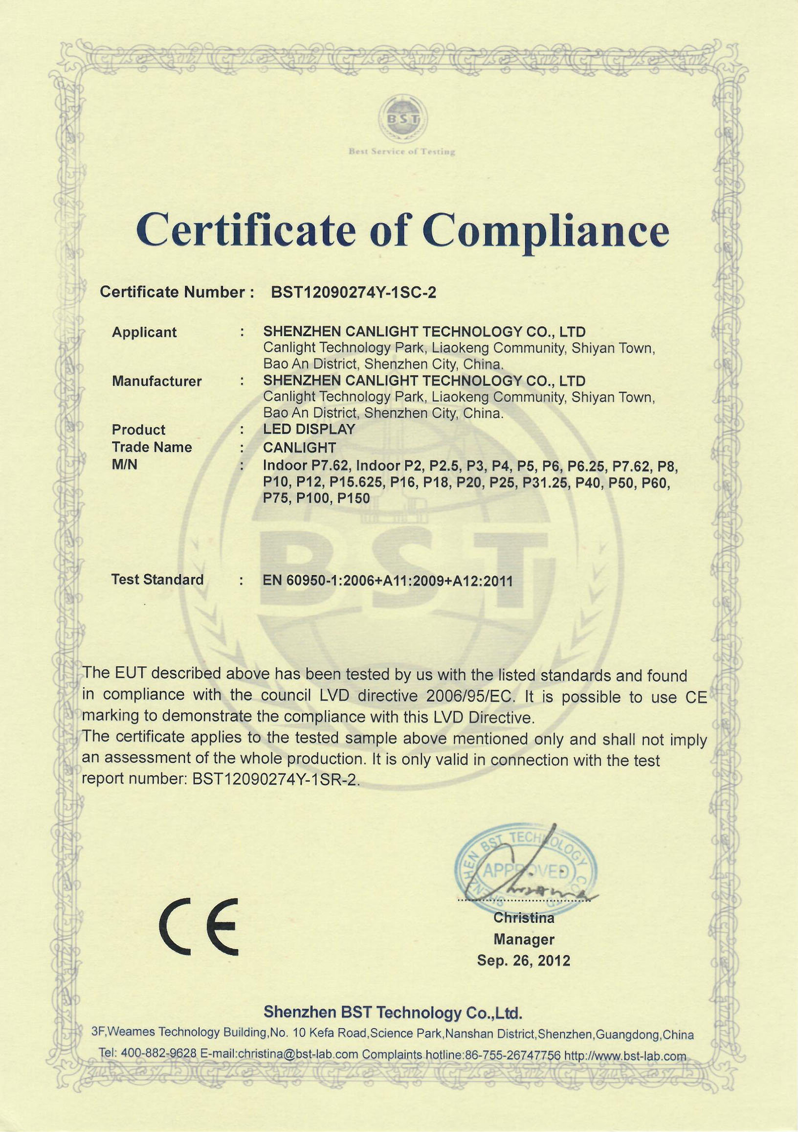 CE LVD Certification of Indoor LED Display Screen from CANLIGHT