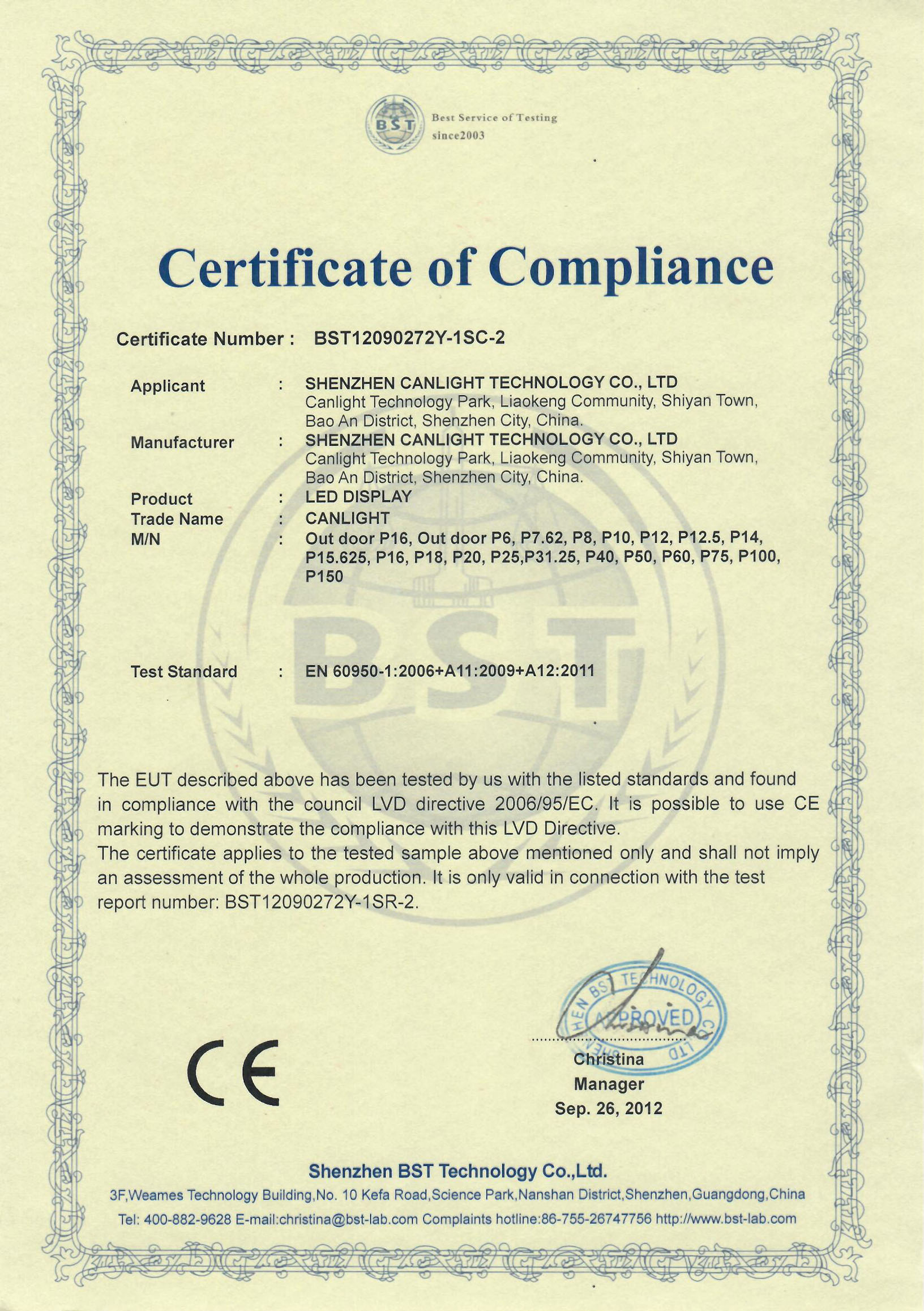 CE LVD Certification of Outdoor LED Display Screen from CANLIGHT
